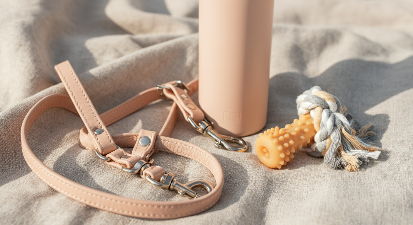 パステルカラーのブランケットの上に置かれた、犬用の革のリード、水筒、おもちゃ。