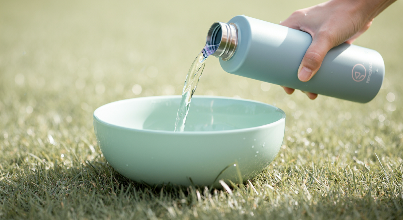 芝生の上に置かれたパステルグリーンのボウルに、ボトルから水が注がれている瞬間。瑞々しい水しぶきが上がっている。