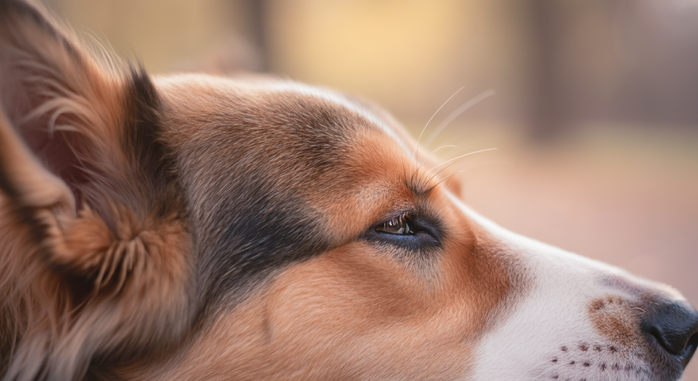 ドッグランのベンチで休憩中、気持ちよさそうに目を細めてブラッシングを受ける犬の横顔を捉えたクローズアップ写真。
