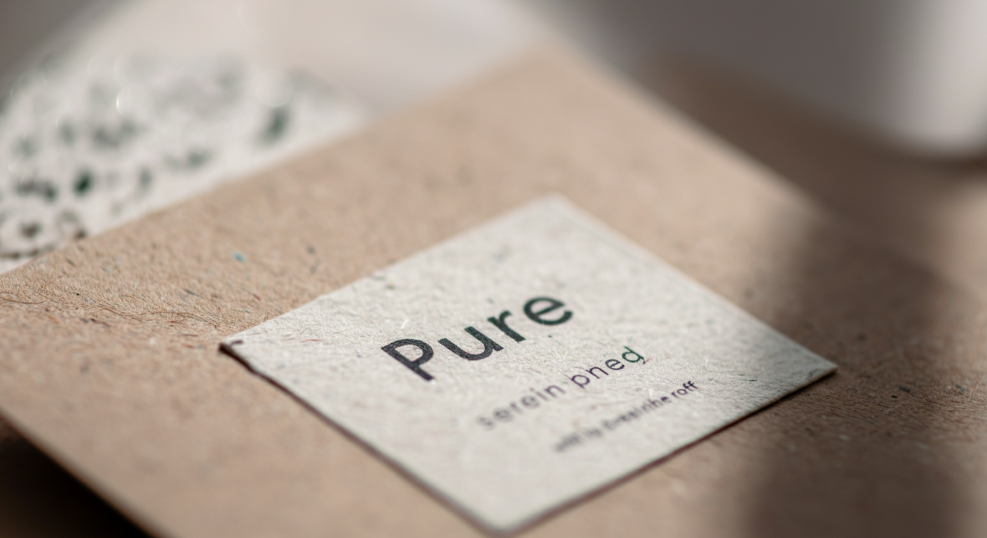 ミニマルなデザインの製品ラベルのクローズアップ写真。「Pure」という単語にピントが合っており、他の文字はぼやけている。