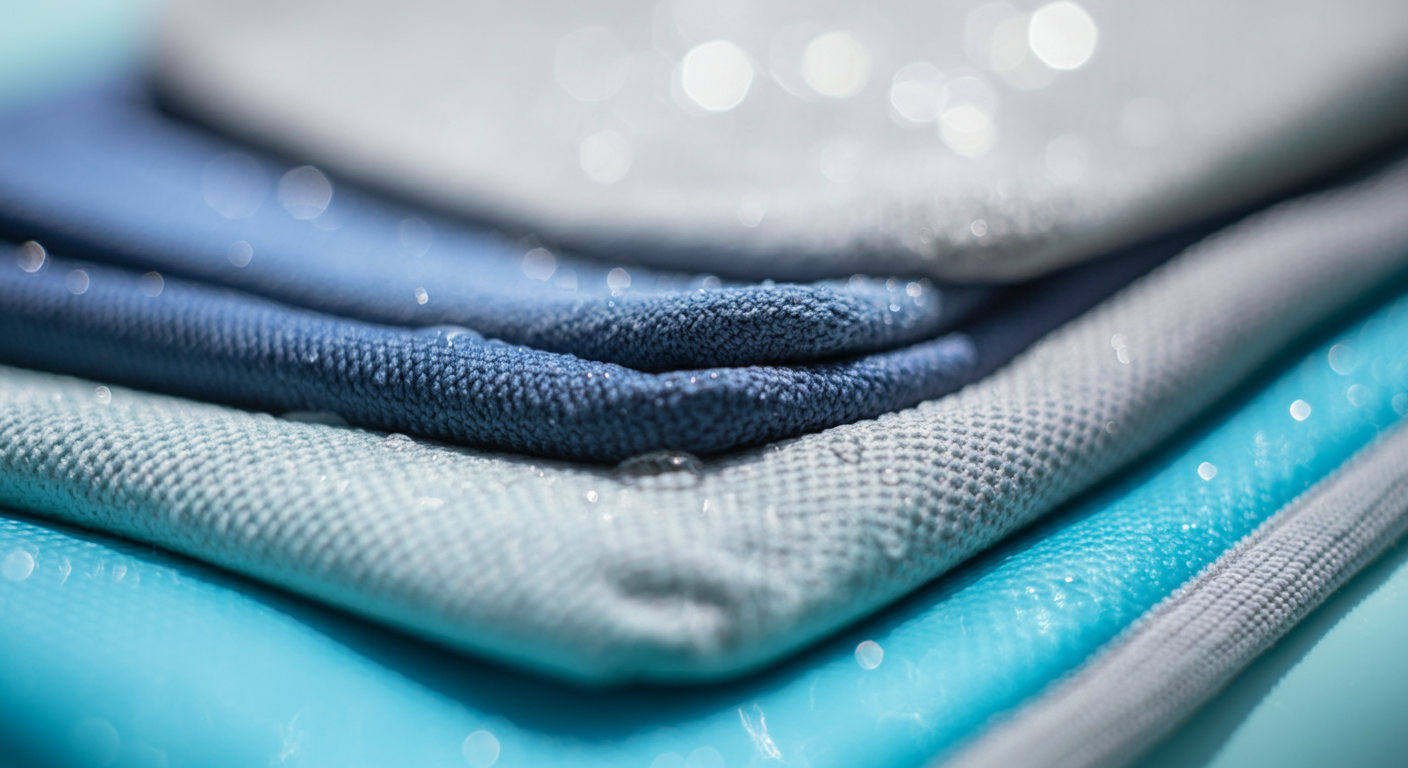 犬用クールウェアに使われる高機能素材の、多層構造がわかる超マクロ写真。