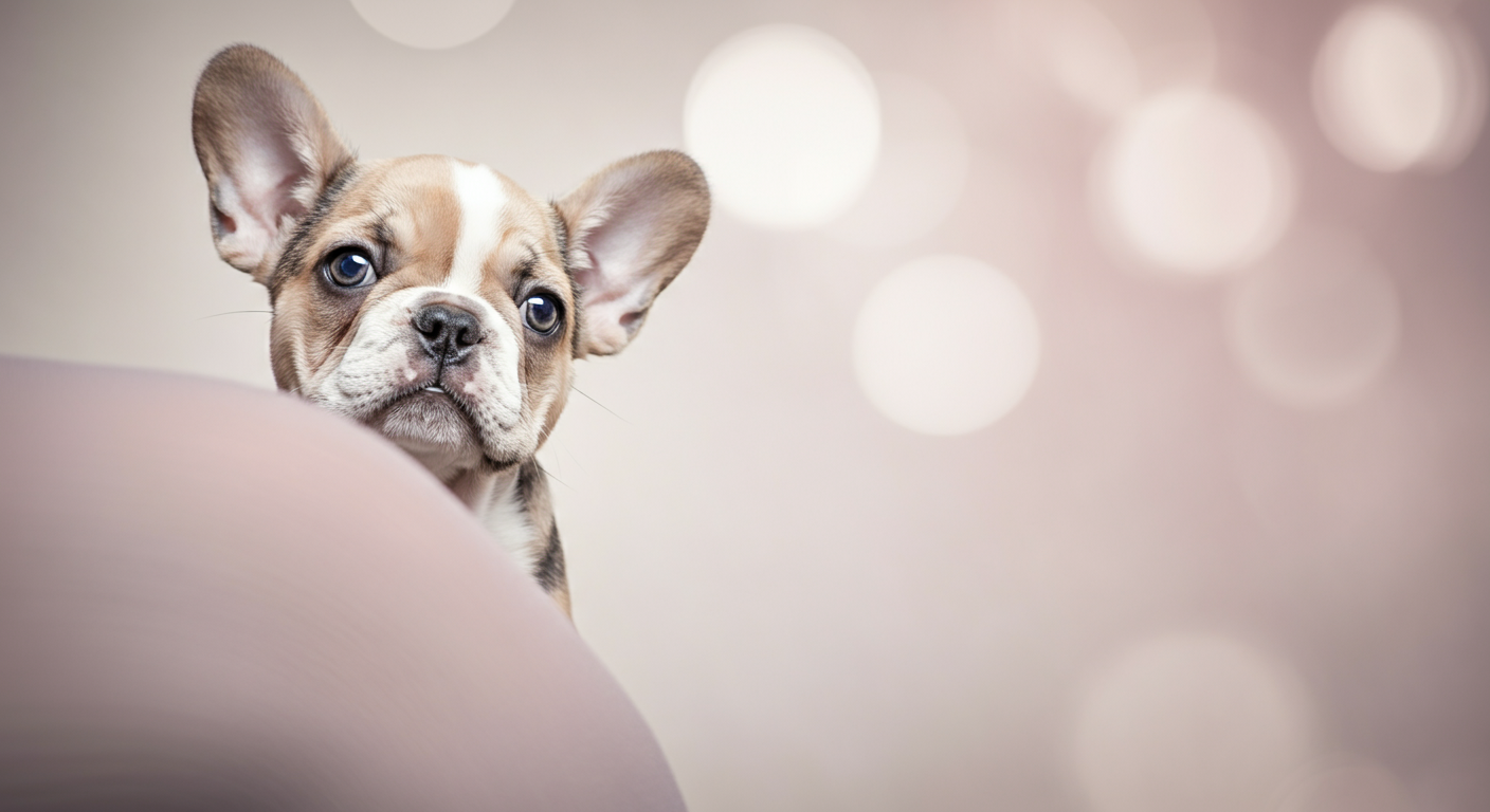 飼い主の足の後ろから、好奇心と少しのためらいが混じった目で顔をのぞかせているフレンチブルドッグの子犬。