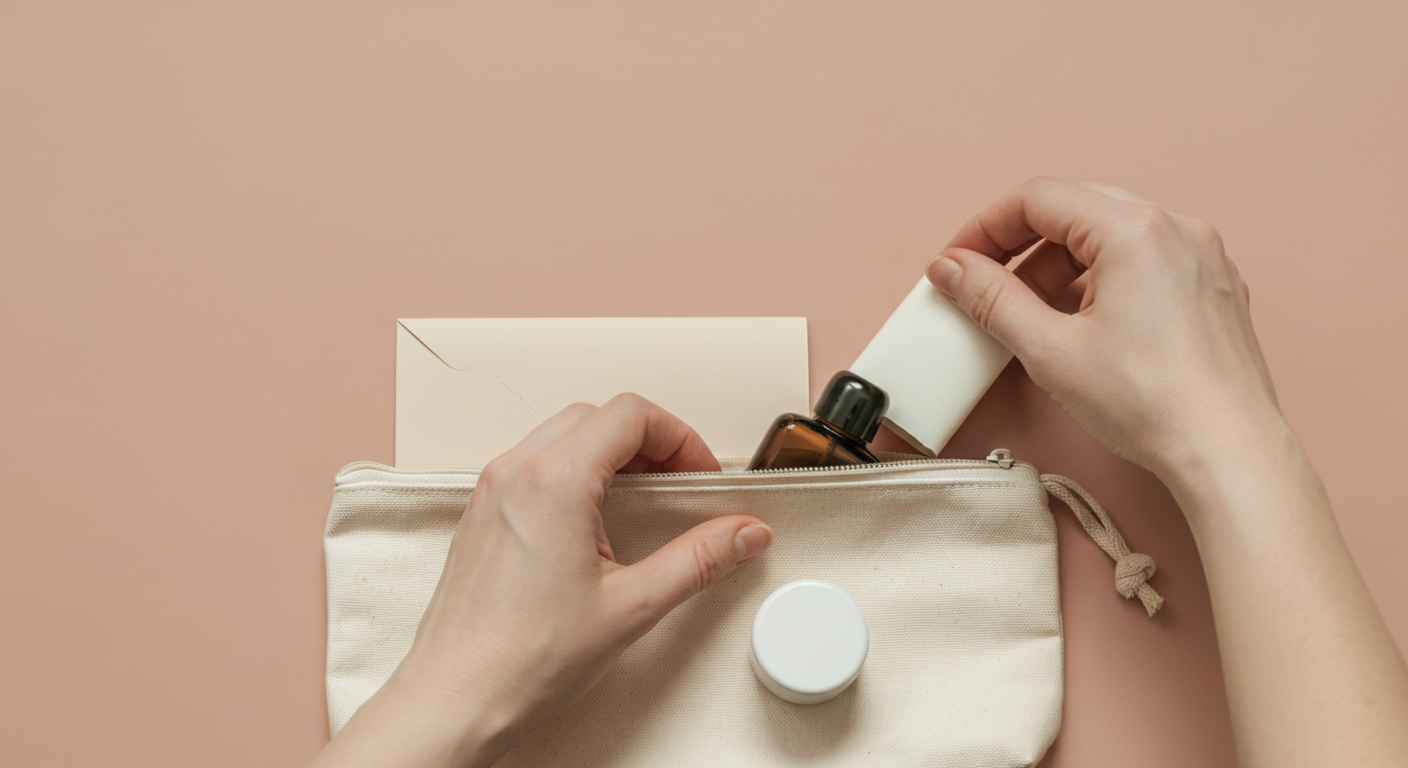 パステルカラーのキャンバスポーチに、救急用品を丁寧に入れている様子の写真。