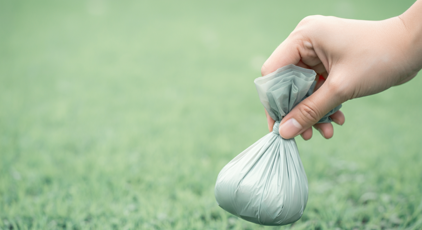 きれいな緑の芝生を背景に、人がうんち袋をしっかりと持っている手元のアップ。責任感と清潔感を表現している。
