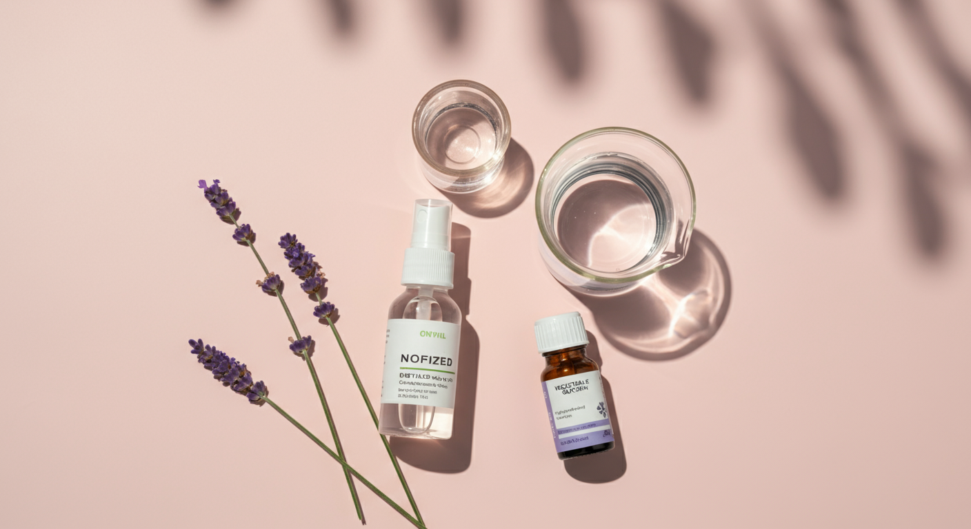 手作り虫除けスプレーの材料(スプレーボトル、精製水、植物性グリセリン、ラベンダー)が美しく並べられた俯瞰写真。