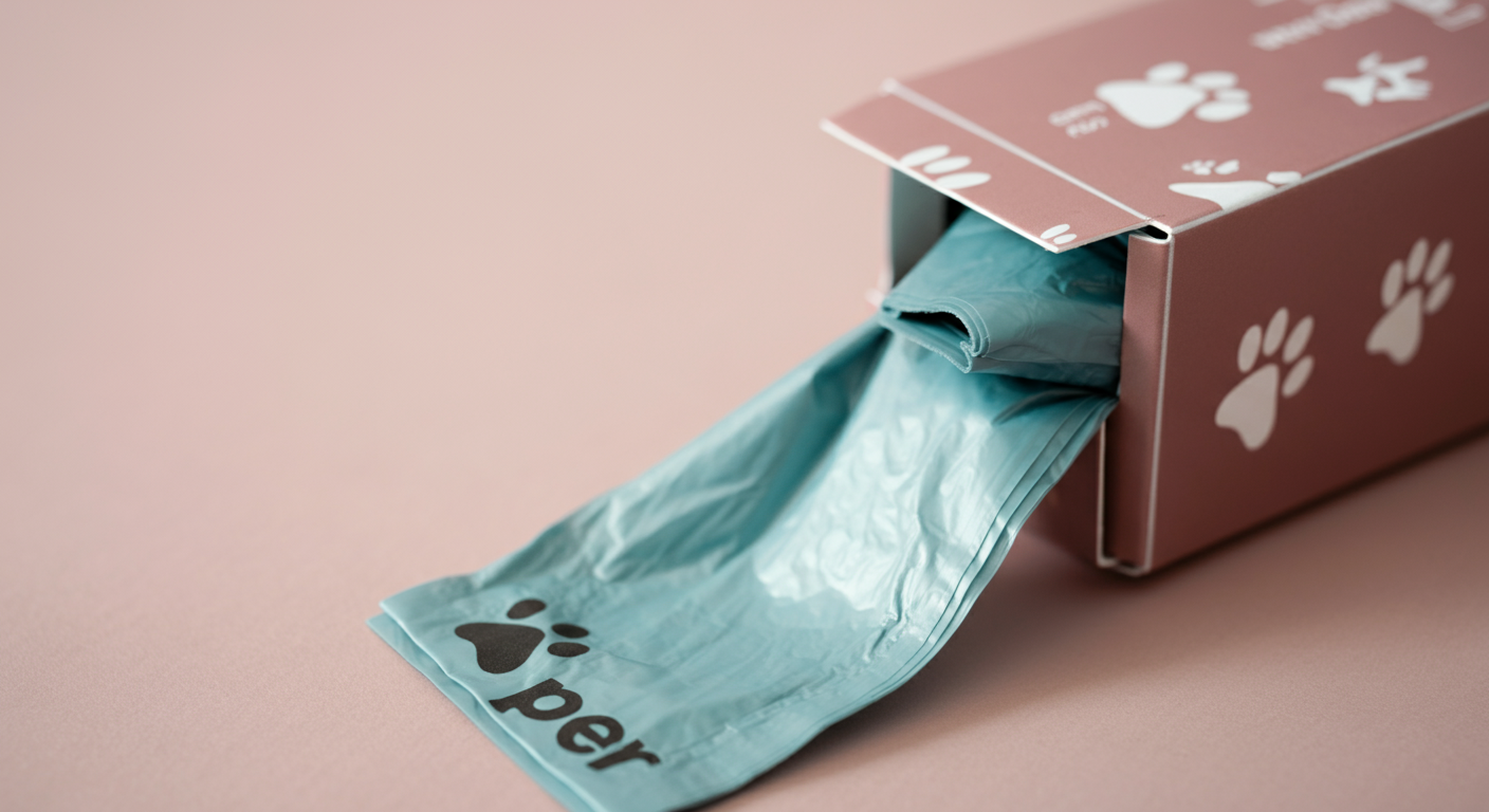 デザイン性の高いパッケージの箱からうんち袋が1枚引き出されており、袋の素材感とパッケージデザインの両方がわかる構図の写真。