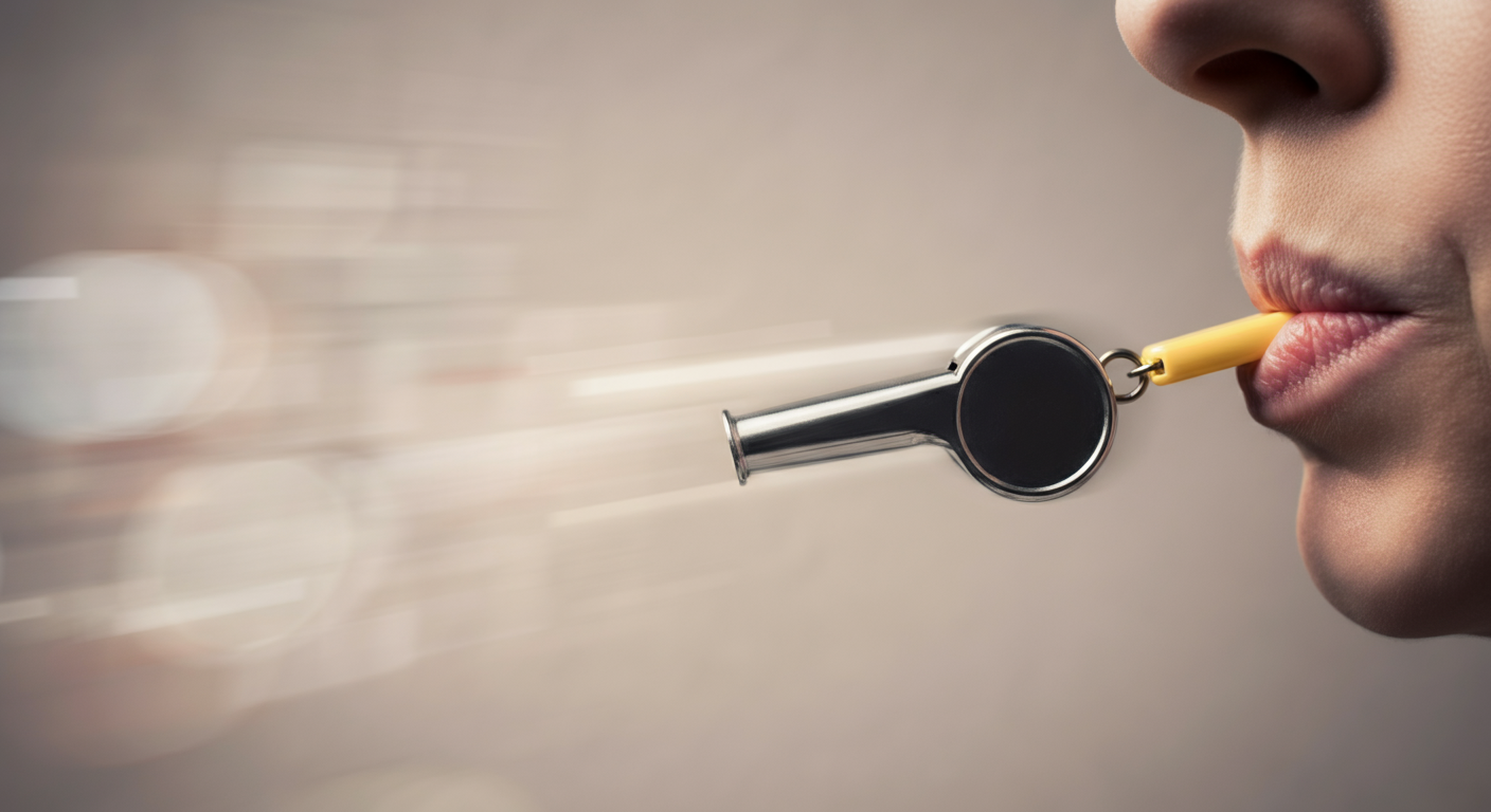 パステル調の光の中、人物が犬笛を吹いている口元のクローズアップ。音が伝わる様子を抽象的に表現している。