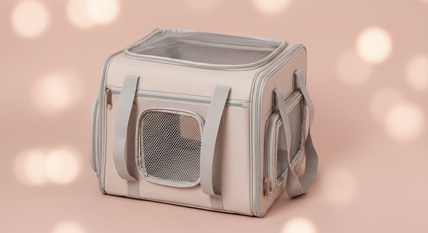 上から見た、天面が大きく開くトップオープン型の犬用キャリーバッグ。広々とした内部が見える。