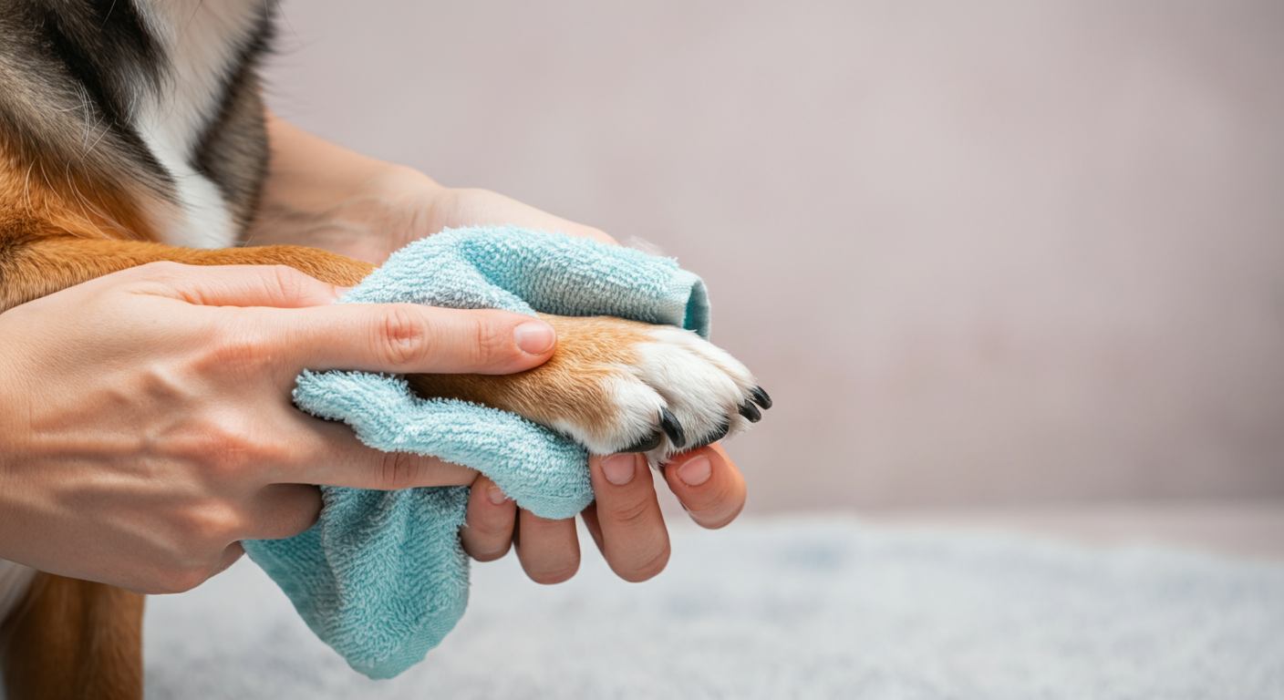 飼い主が清潔なタオルで犬の足を優しく拭いている手元。