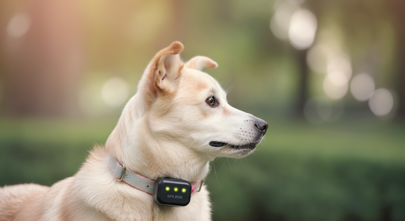 パステルカラーの背景で、犬の首輪につけられた小さなGPSトラッカーが静かに光っているクローズアップ写真。