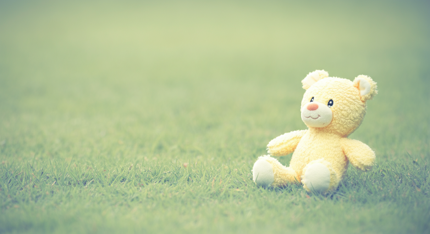 緑の芝生の上に、ぽつんと置かれた愛犬のお気に入りのぬいぐるみ