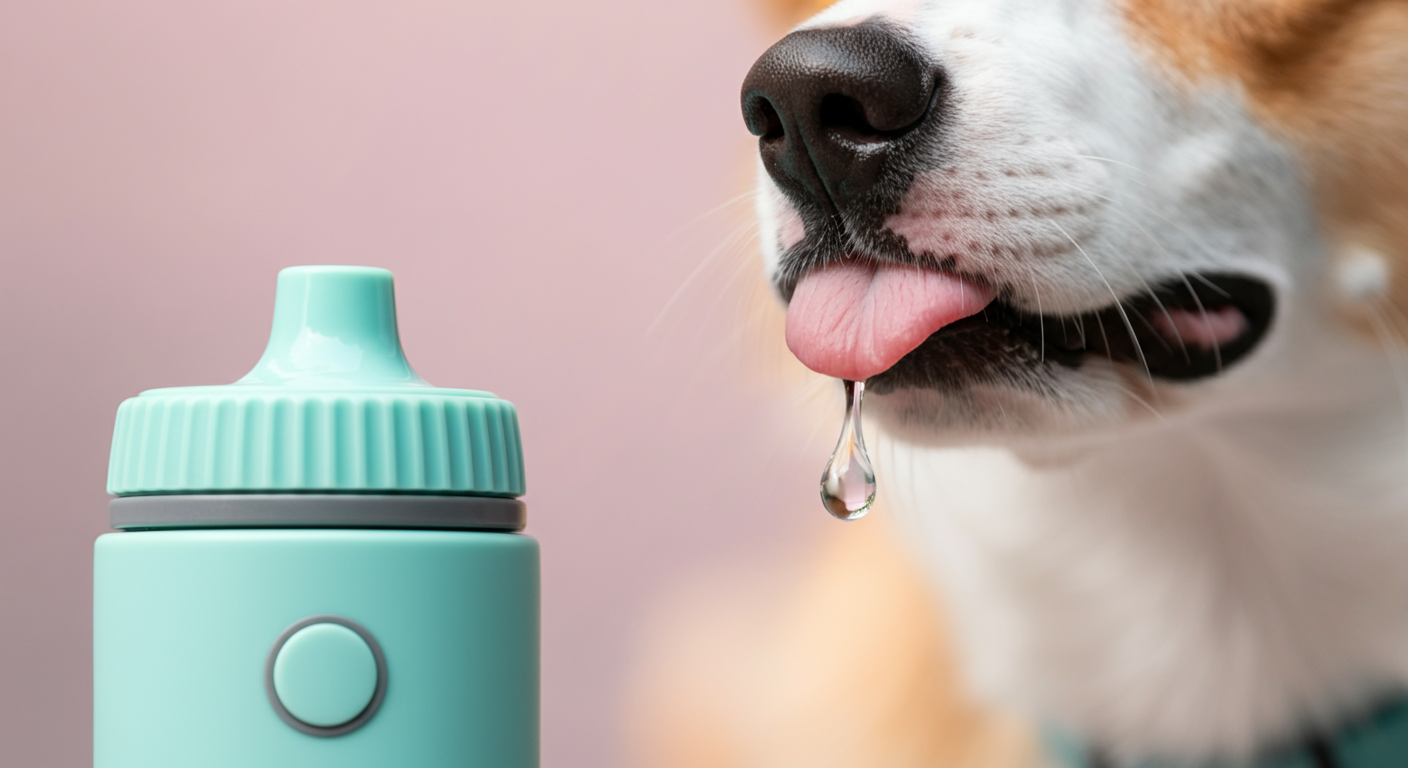 犬用の携帯水筒の飲み口から、水滴が一つ落ちているクローズアップ。