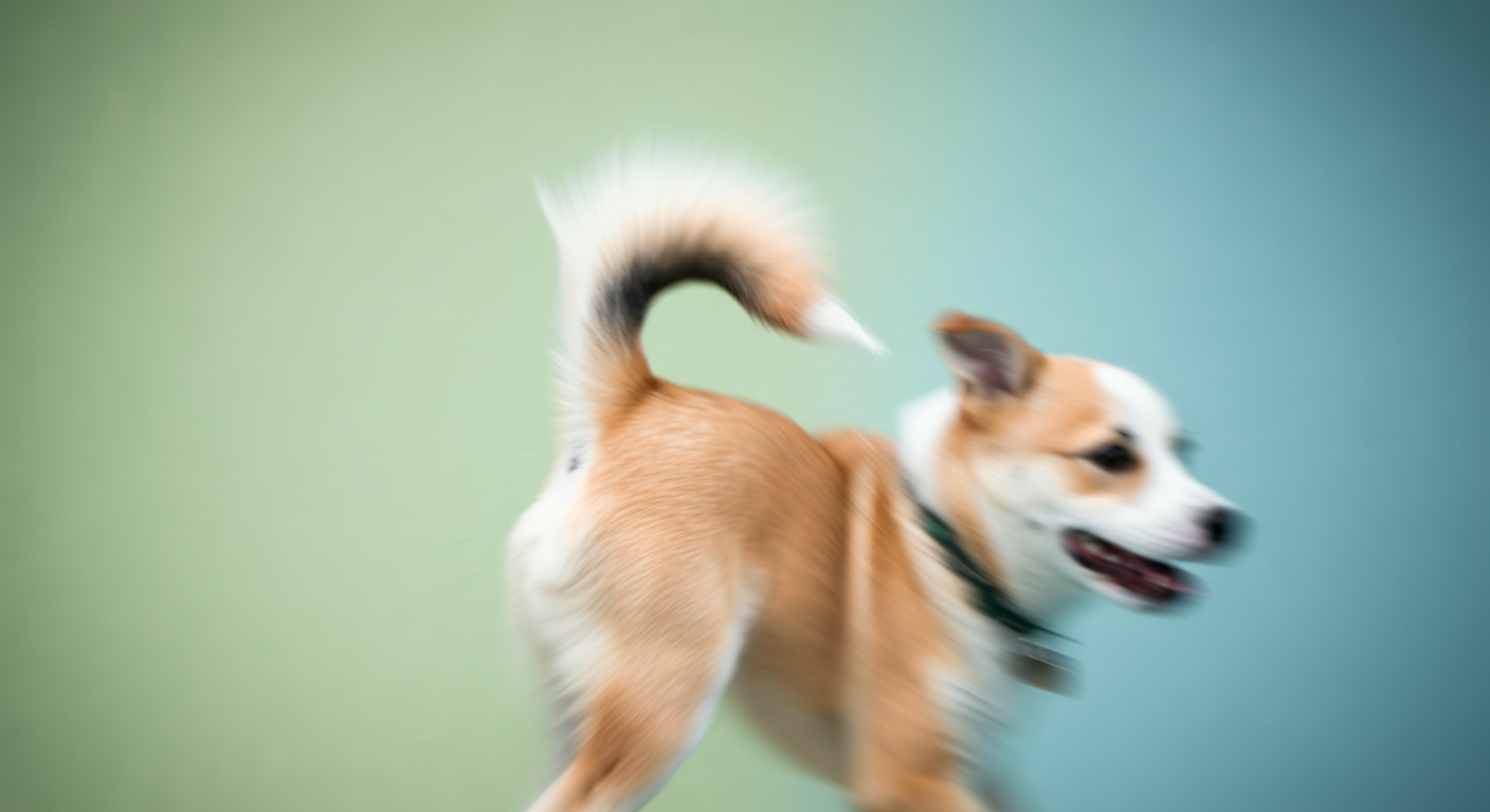パステルカラーの背景に、楽しそうに揺れる犬の尻尾がぼやけて写っている抽象的な写真。