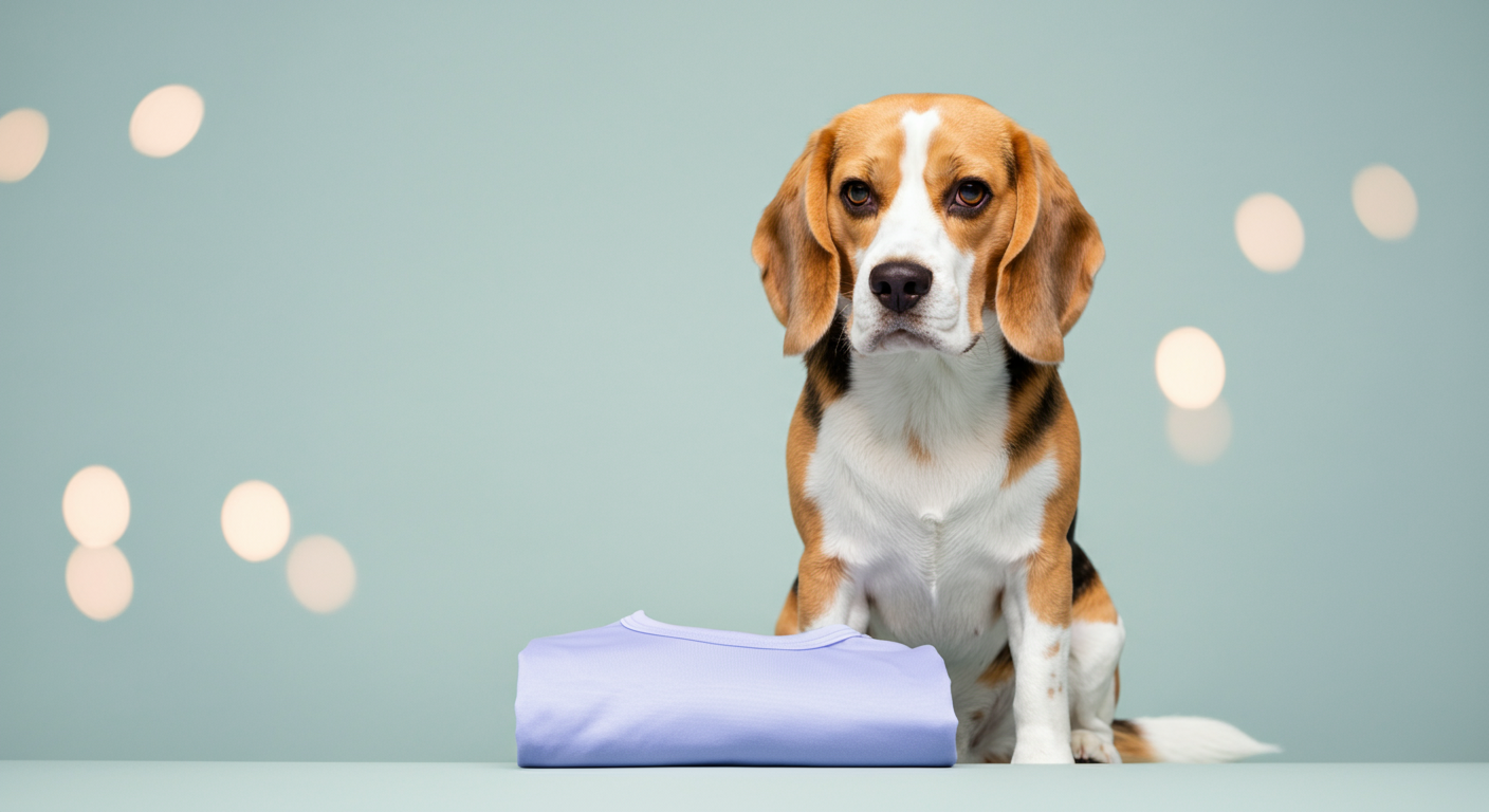 折り畳まれたクールウェアを不思議そうに見つめる犬