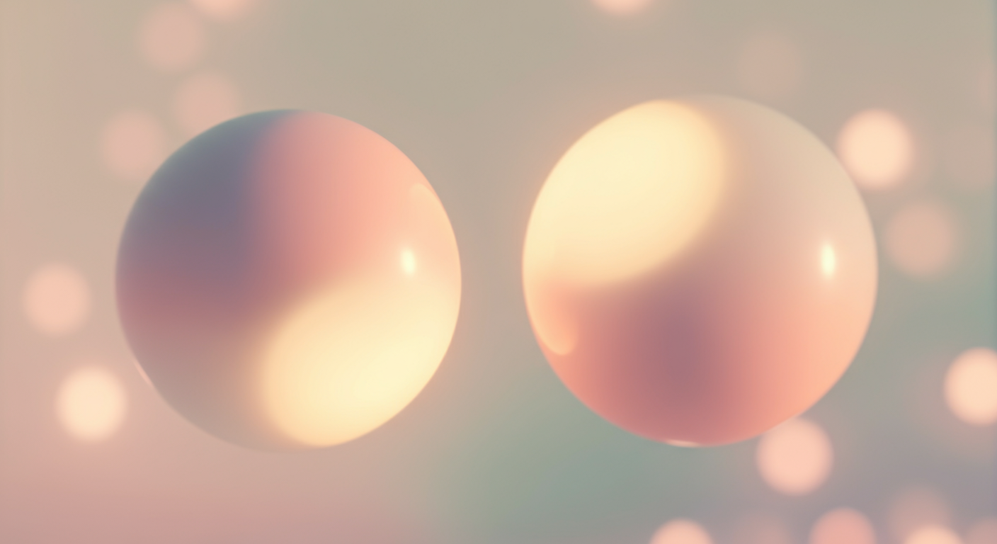 パステルカラーの背景に、二つの柔らかな光の球が適度な距離を保って浮かんでいる。丁寧な対話を象徴する抽象的な写真。