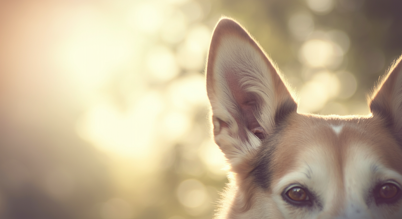 夏の強い光を背景に、犬の耳がシルエットになっている抽象的な写真。