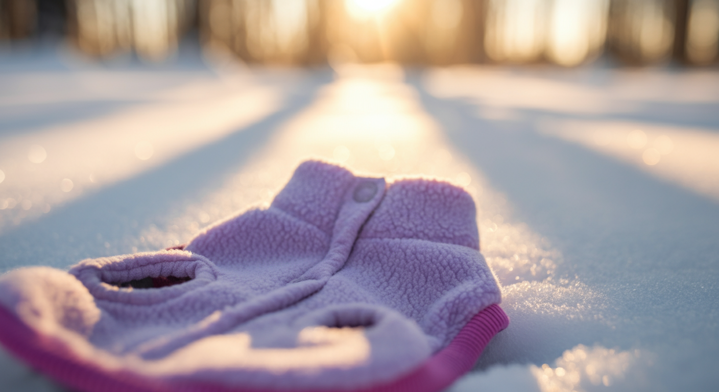 軽くて伸縮性のある犬用フリースベストの素材感と、冬の太陽の光が作り出す影が美しい写真。