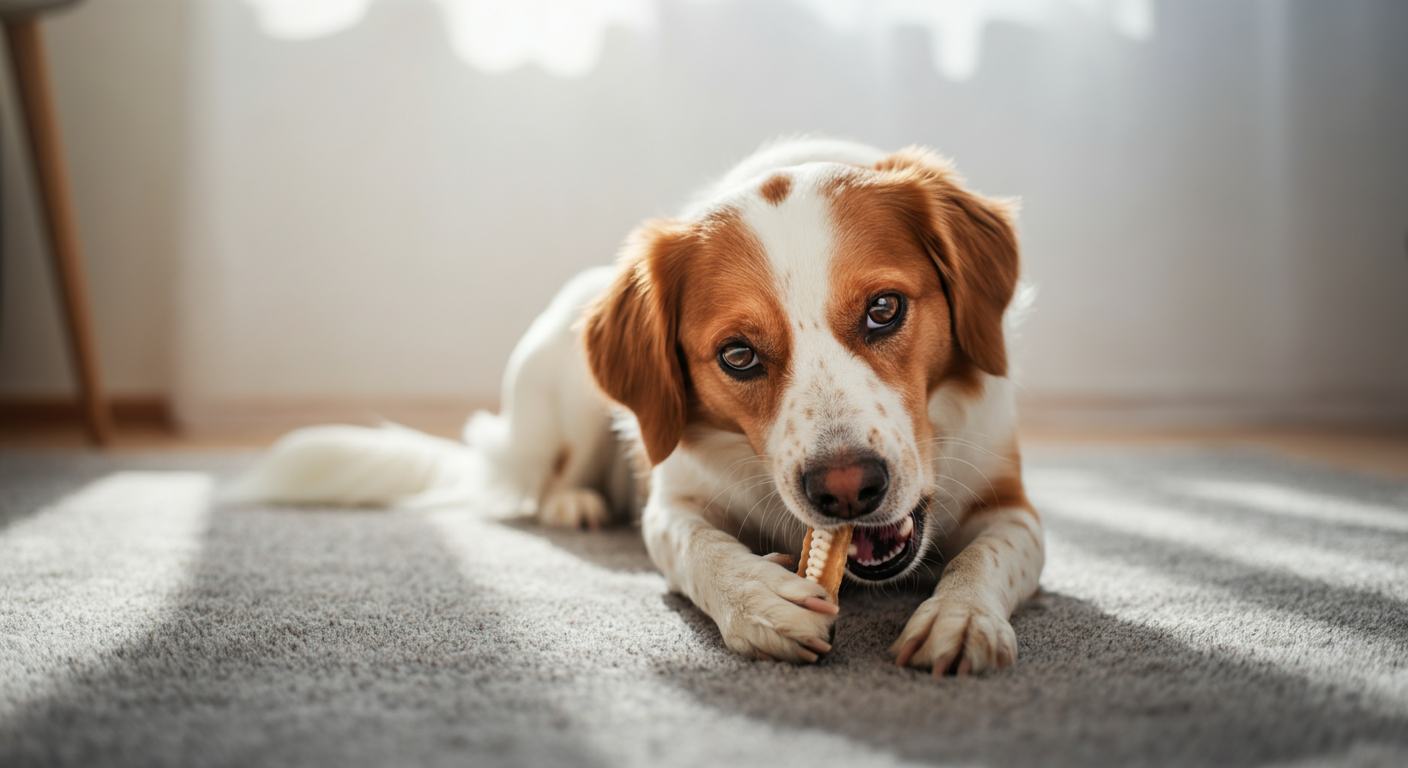 柔らかいラグの上で、一匹の犬がデンタルガムを静かに噛んでリラックスしている。窓から穏やかな光が差し込んでいる。