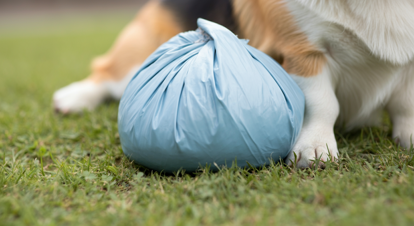 パステルブルーの丈夫なうんち袋の素材感を写したマクロ写真。背景にはドッグランの芝生がぼやけている。