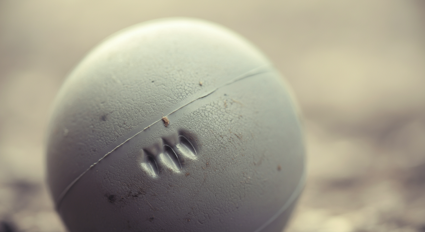 丈夫なゴムボールの表面についた、浅い歯形のクローズアップ写真。