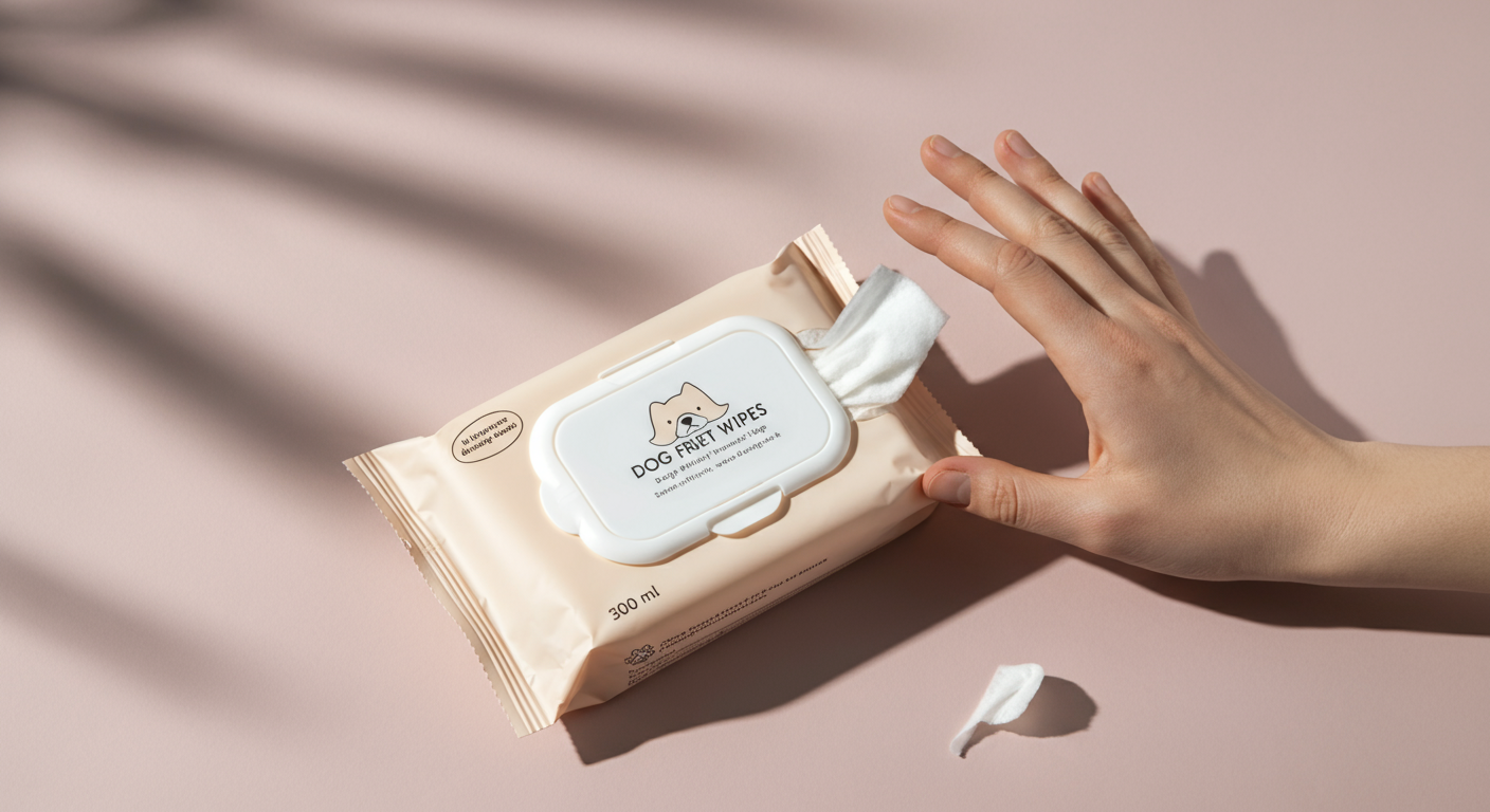 パステルカラーの背景に置かれた、おしゃれな犬用ウェットティッシュのパッケージのアップ写真。
