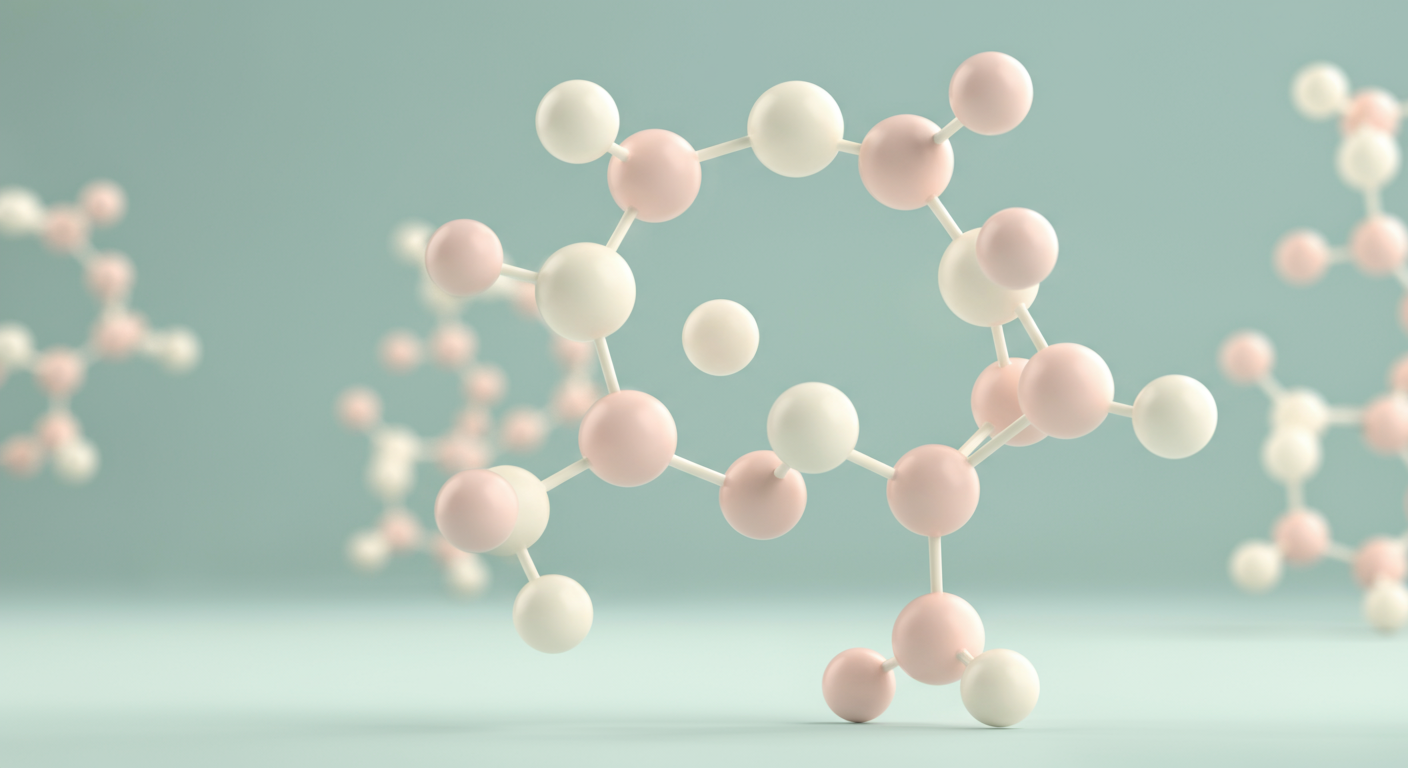 パステルカラーの球体が繋がってできた、分子モデルのような抽象的な構造物。