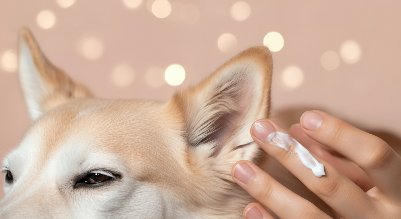 犬の耳に優しくクリームを塗っている飼い主の指先のクローズアップ写真。