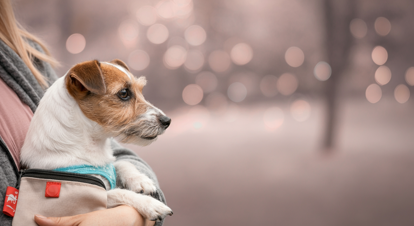 飼い主に抱っこされながら、遠くのドッグランを少し不安そうに眺めている一匹の小さなテリア犬。飼い主の手が優しくトリーツを差し出している。