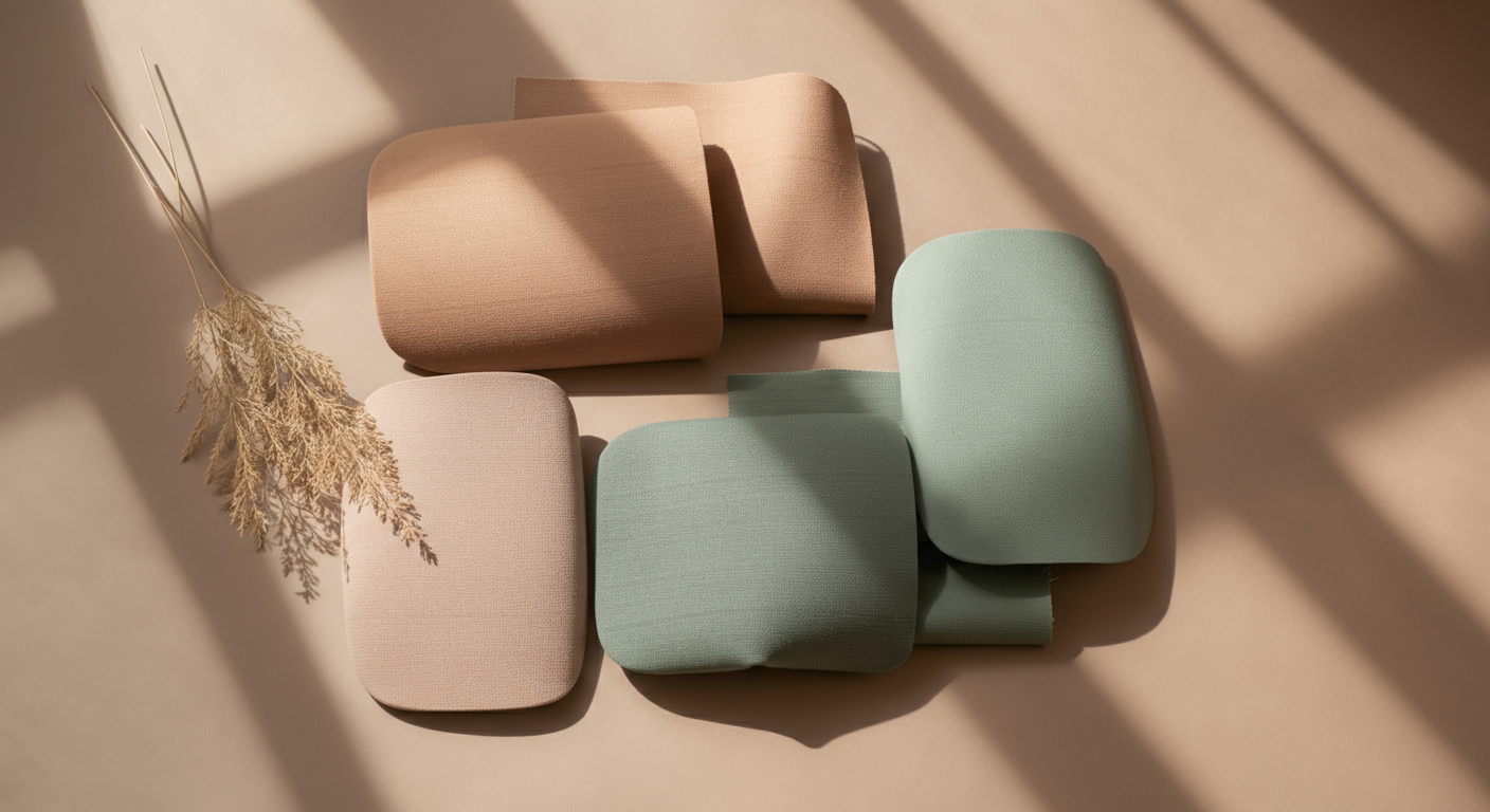 サンドベージュ、ストーングレー、セージグリーンといった、落ち着いたアースカラーのシートカバー生地サンプルが並べられた、ミニマルな構成の写真。