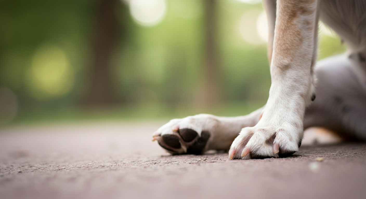 ドッグランに行く前の期待感で少し浮かせた犬の足先のクローズアップ写真。