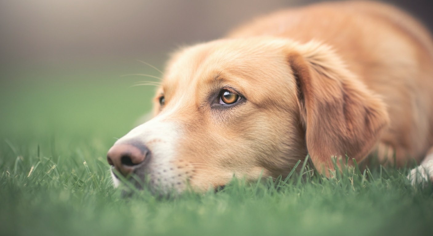 緑の芝生の上でリラックスして横になっている犬の、穏やかな表情のクローズアップ。