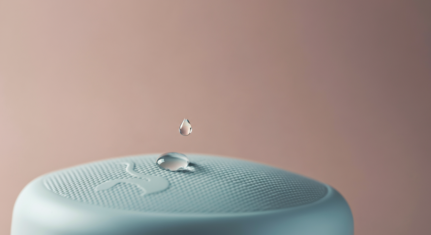 パステルカラーの背景に置かれた、大型犬用のスタイリッシュな給水ボトルのマクロ写真。ボトル表面を水滴が伝っている。