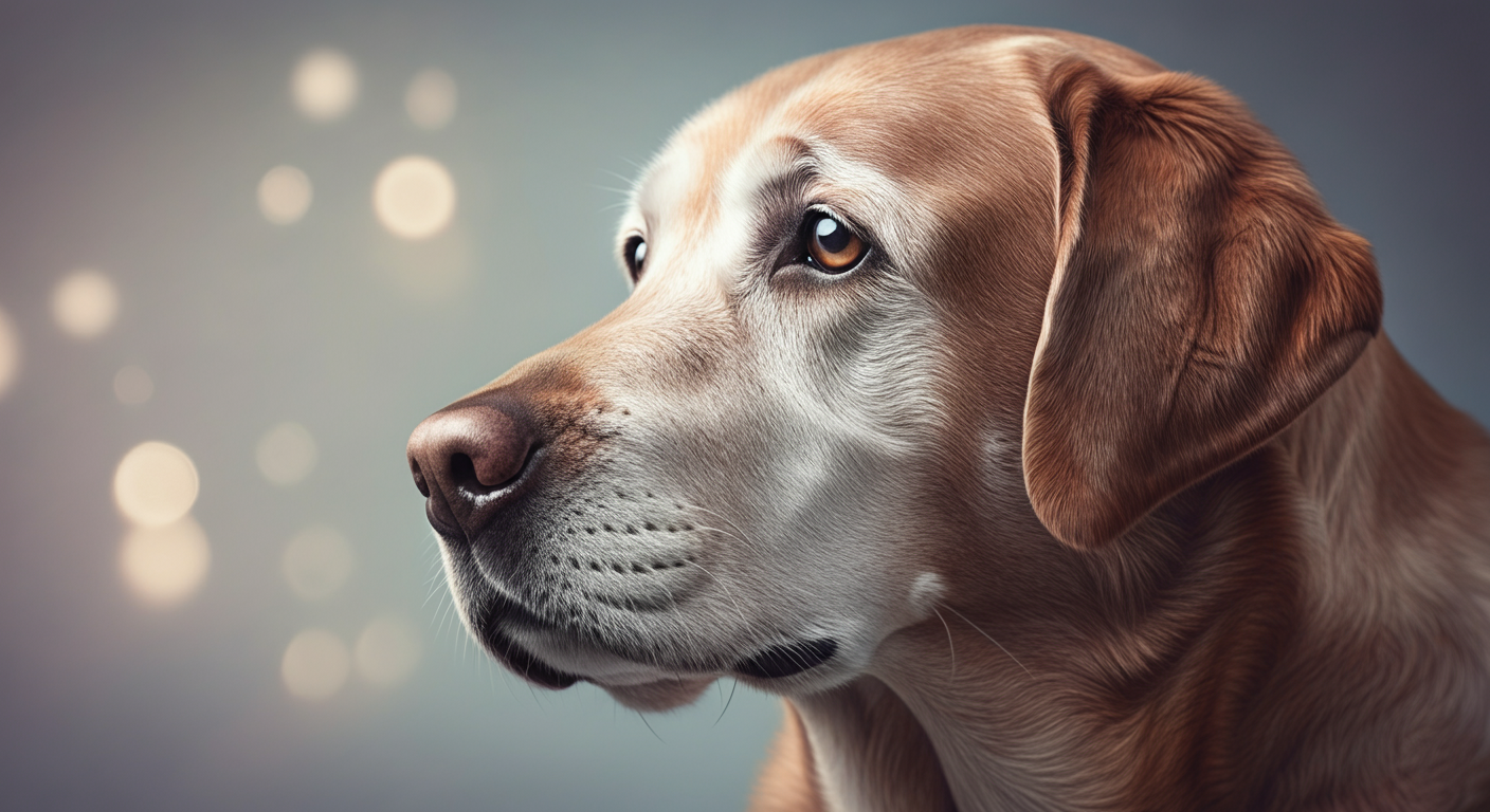 口周りの毛が白くなった、賢そうなシニアのラブラドールが遠くを見つめている横顔のショット。