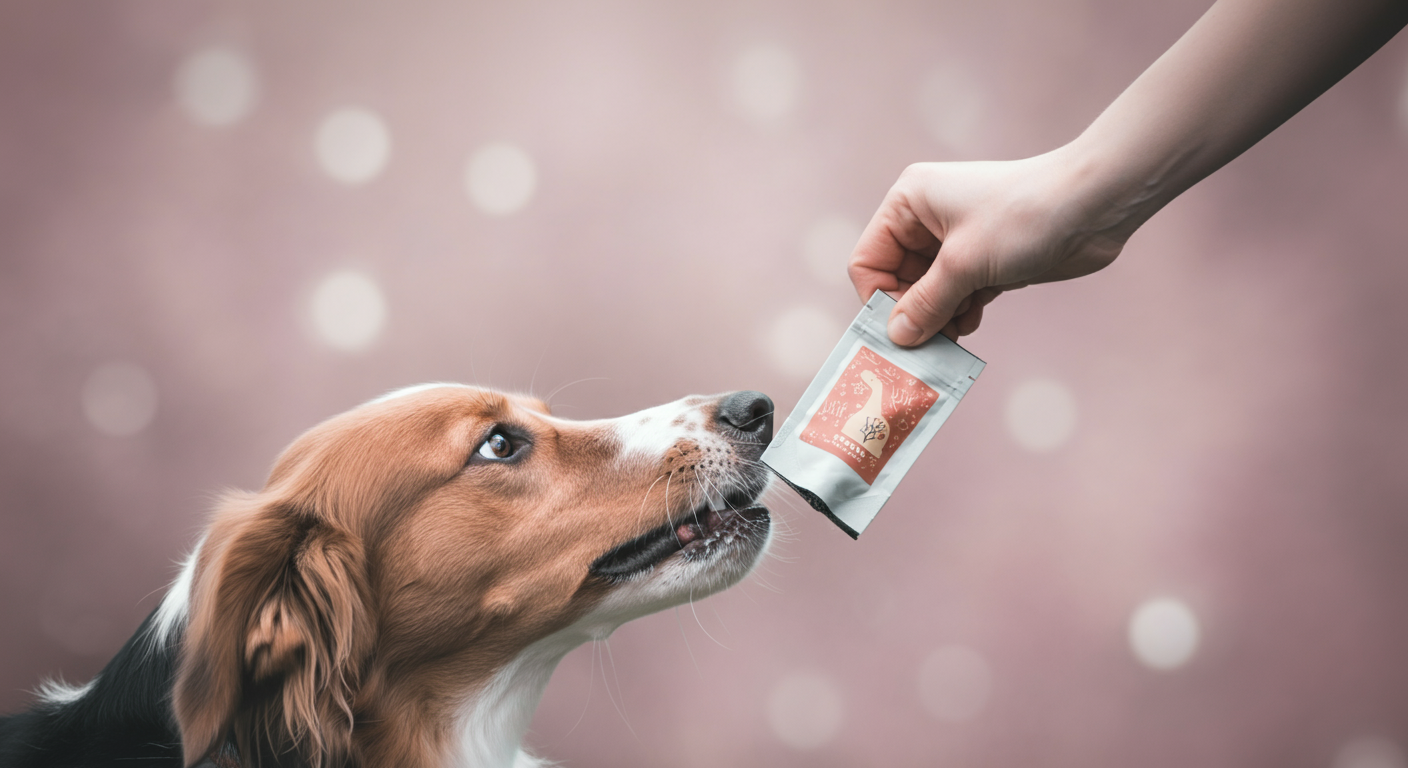 トリーツポーチから犬の口元へ、素早くおやつを運ぶ手の動きを捉えたモーションブラー写真。