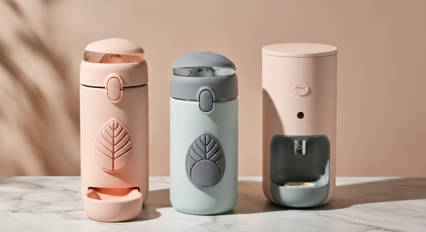 葉っぱ型の飲み口が付いたボトル、引き出し式の飲み皿が付いたボトル、フィルター機能付きの給水器という3種類の最新犬用給水グッズ。