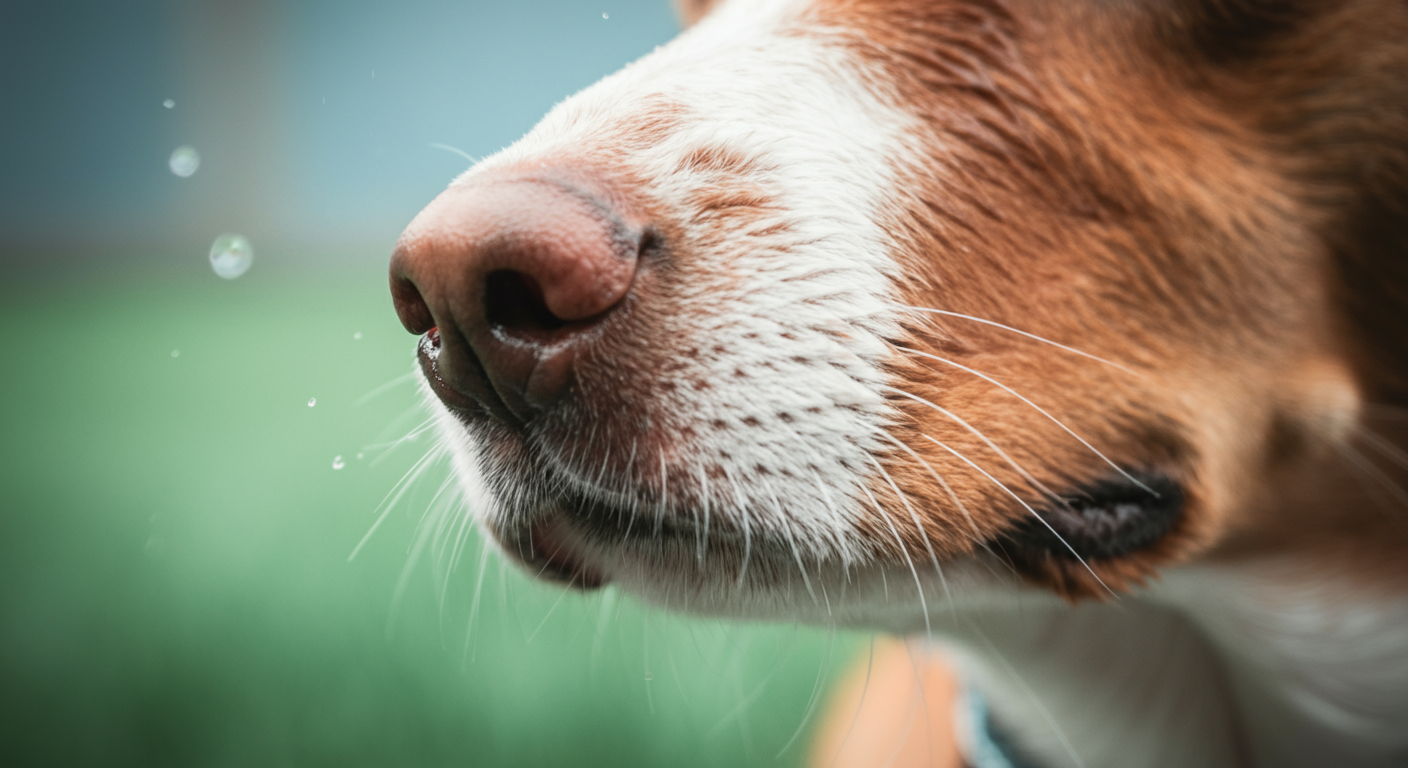 楽しそうに遊んだ後、鼻に水滴がついている犬の鼻のクローズアップ写真。