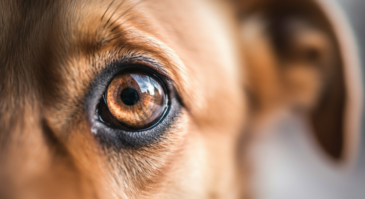 飼い主の姿が優しく映り込んでいる犬の目のクローズアップ写真。