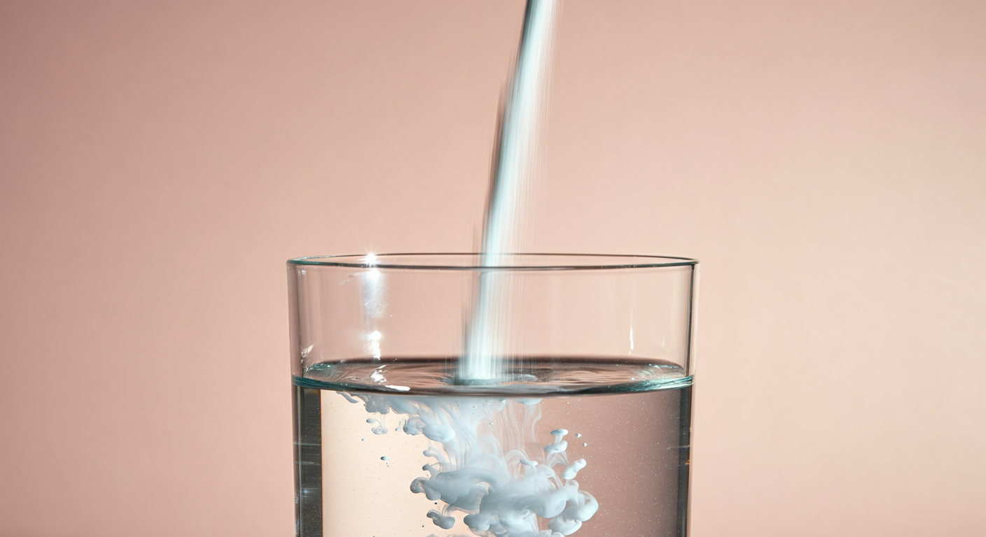 透明な水のグラスにコラーゲンペプチドの白い粉が注がれ、渦を巻いて溶けていく様子。