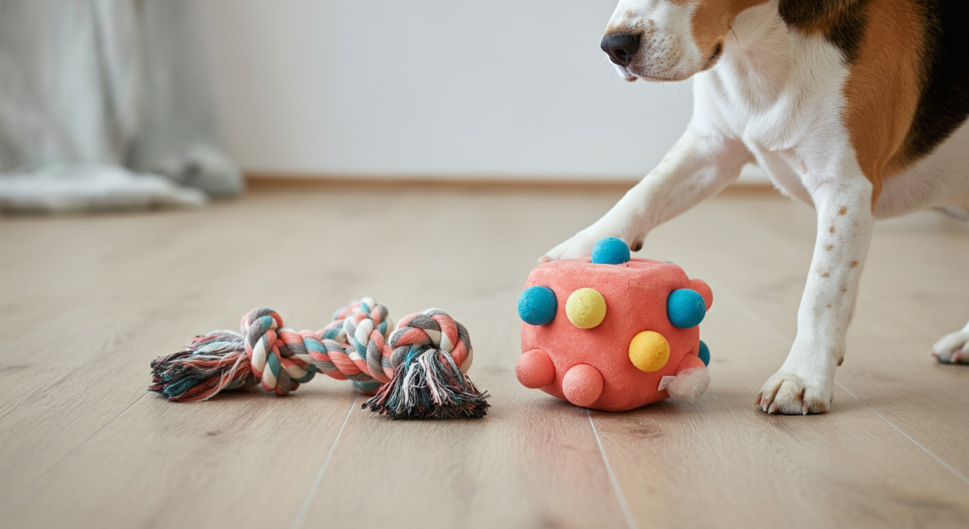 床に並べられた3種類のおもちゃに伸びる犬の足