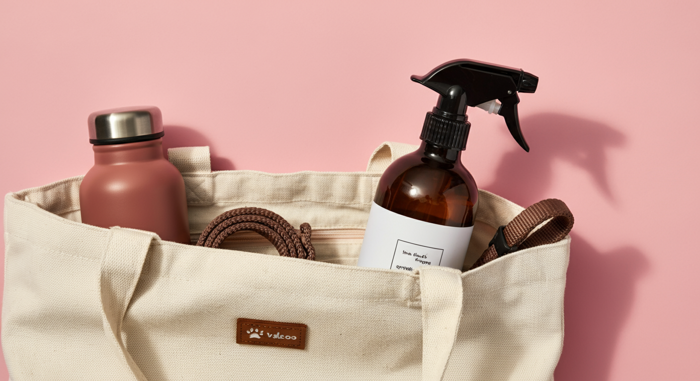 キャンバス地のトートバッグが開いており、中にはお散歩グッズが整頓されている。コンパクトな消臭スプレーボトルに焦点が合っている。