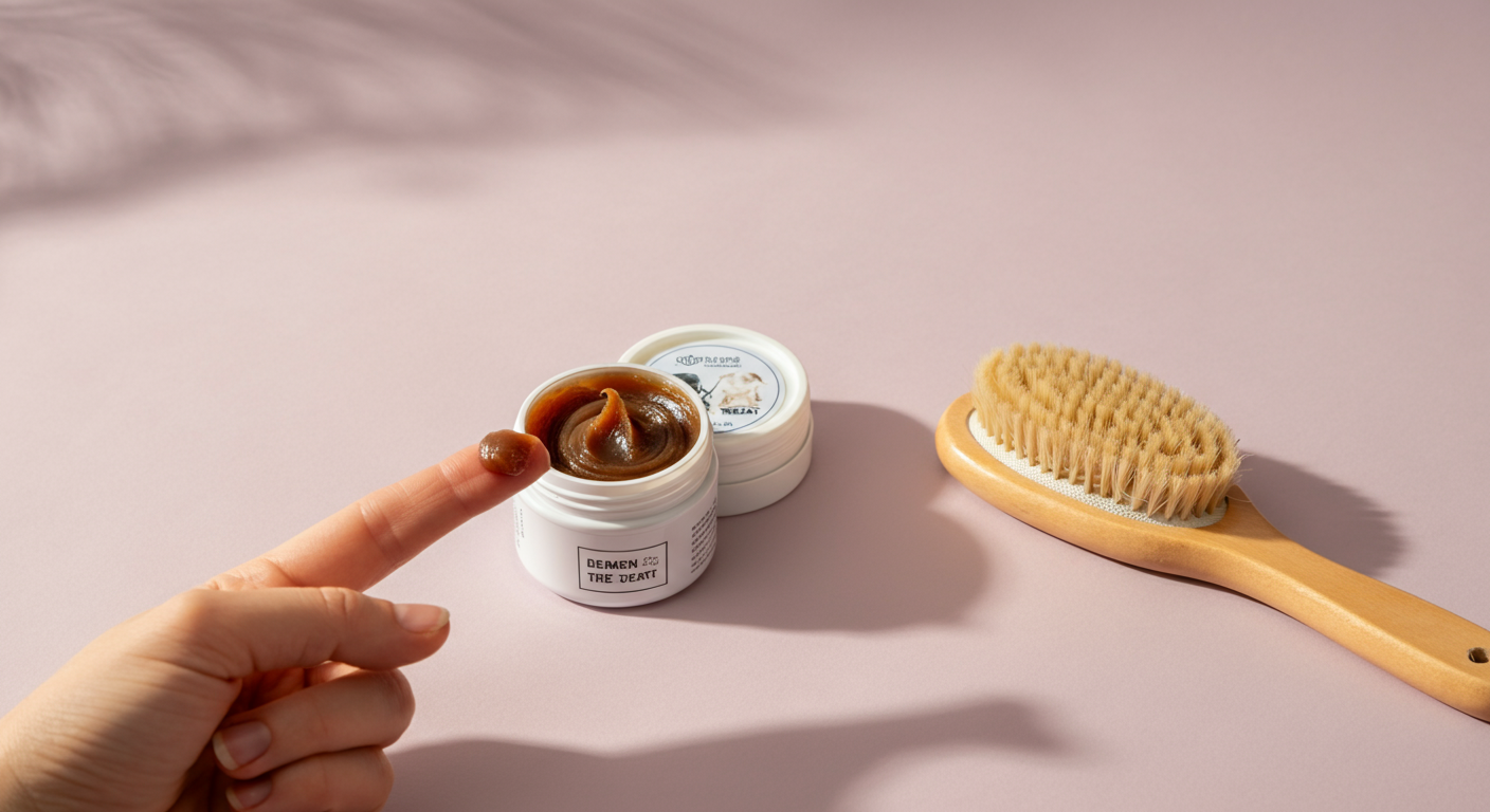 指先に乗せられたペースト状のおやつの隣に、木製のブラシが置かれている。