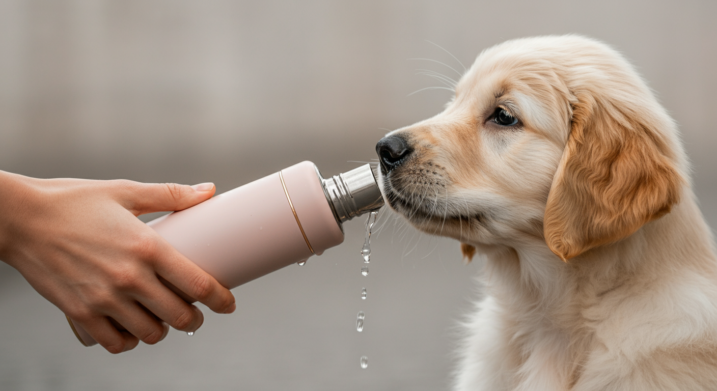 飼い主が優しい手つきで、子犬にパステルピンクの給水ボトルから水を与えている様子のクローズアップ。