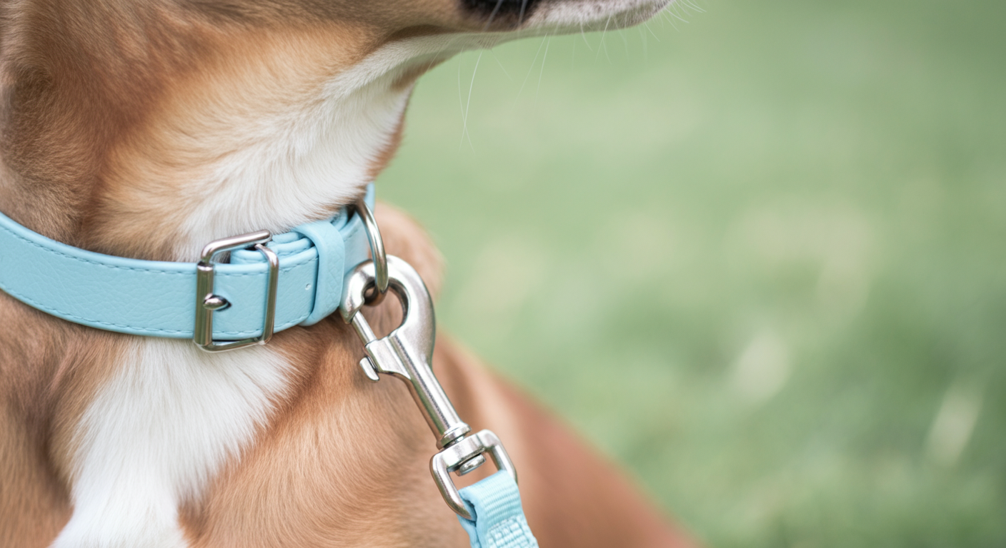 リードをつけられ落ち着いている中型犬