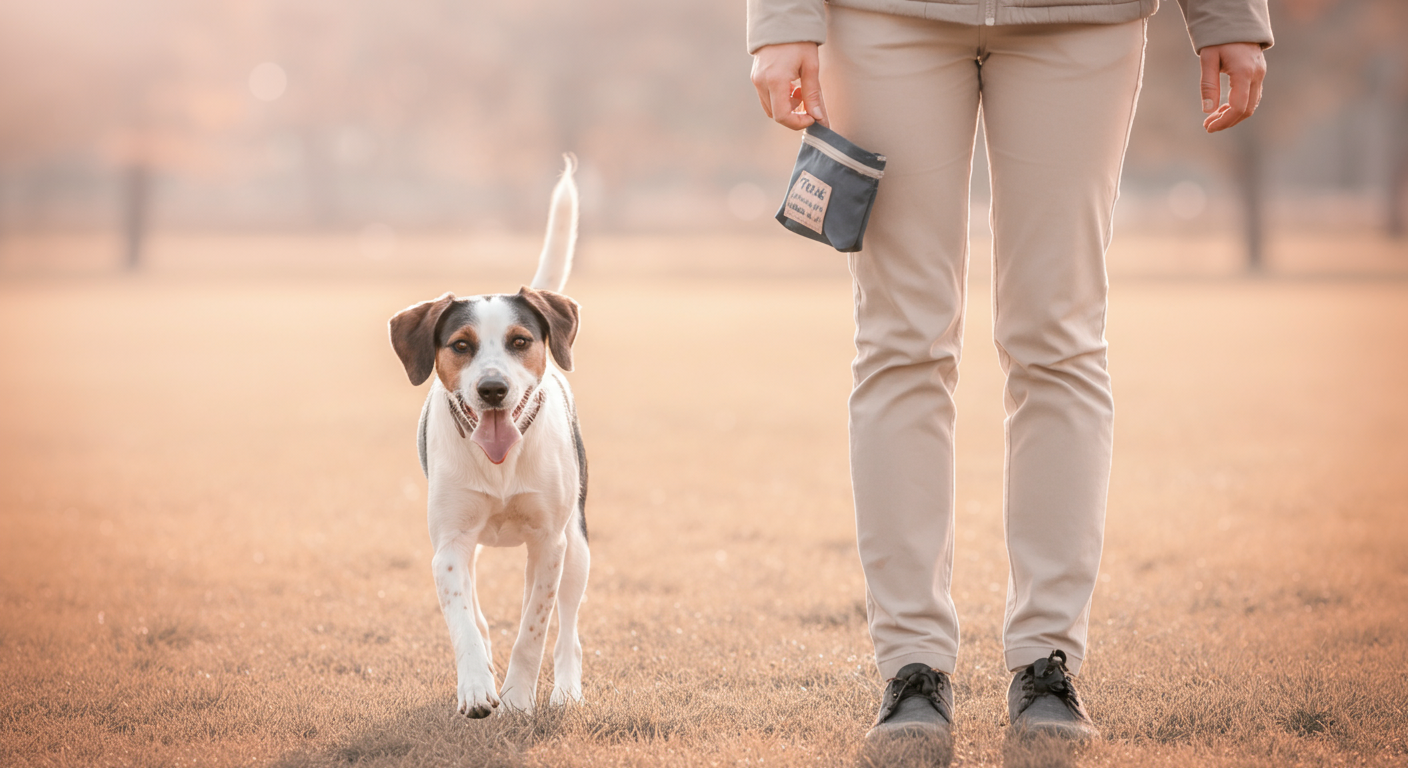 飼い主の足元から、ドッグランの広場へ向かって一歩踏み出す犬。飼い主の手は閉じたトリーツポーチの上に置かれている。