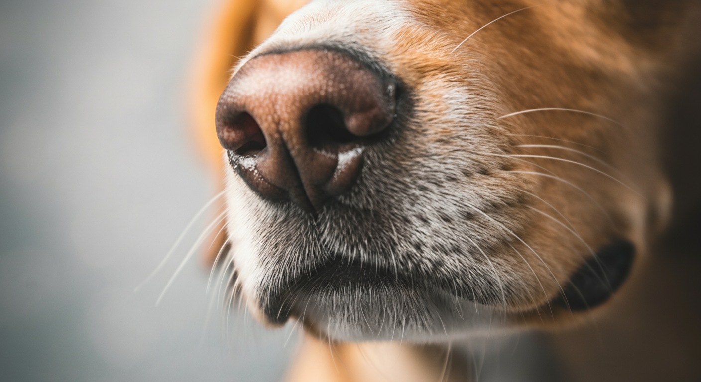 犬の濡れた鼻のマクロ撮影。鼻の質感がシャープに写っており、背景は完全にぼけている。犬の優れた嗅覚を強調するイメージ。