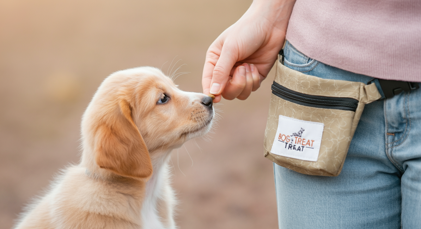 飼い主の手から優しくおやつを受け取ろうとしている子犬の鼻先のアップ。背景は柔らかくぼけている。