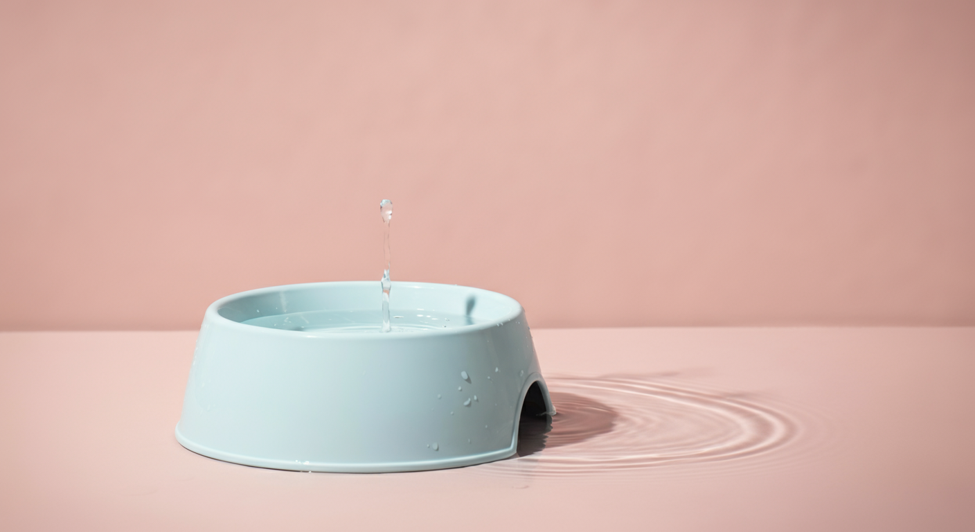 おしゃれな犬用の水入れに、綺麗な水が波紋を立てている。休憩と水分補給の重要性を表す。