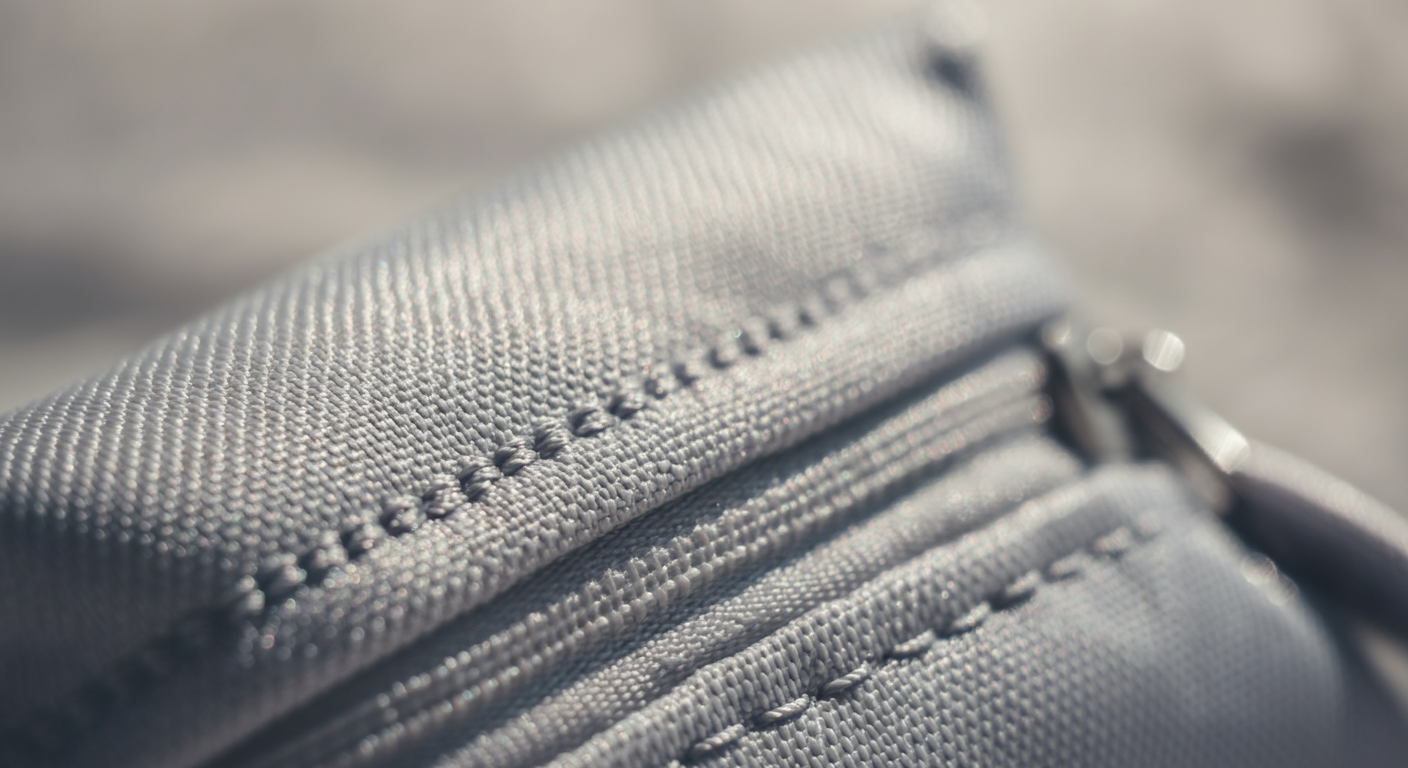 ライトグレーのナイロン製トリーツポーチの生地の質感とステッチを捉えた抽象的なショット。