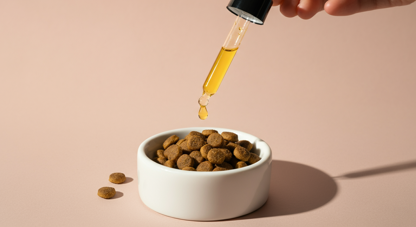 ドッグフードの入ったお皿にピペットから金色のオイルが一滴垂らされている
