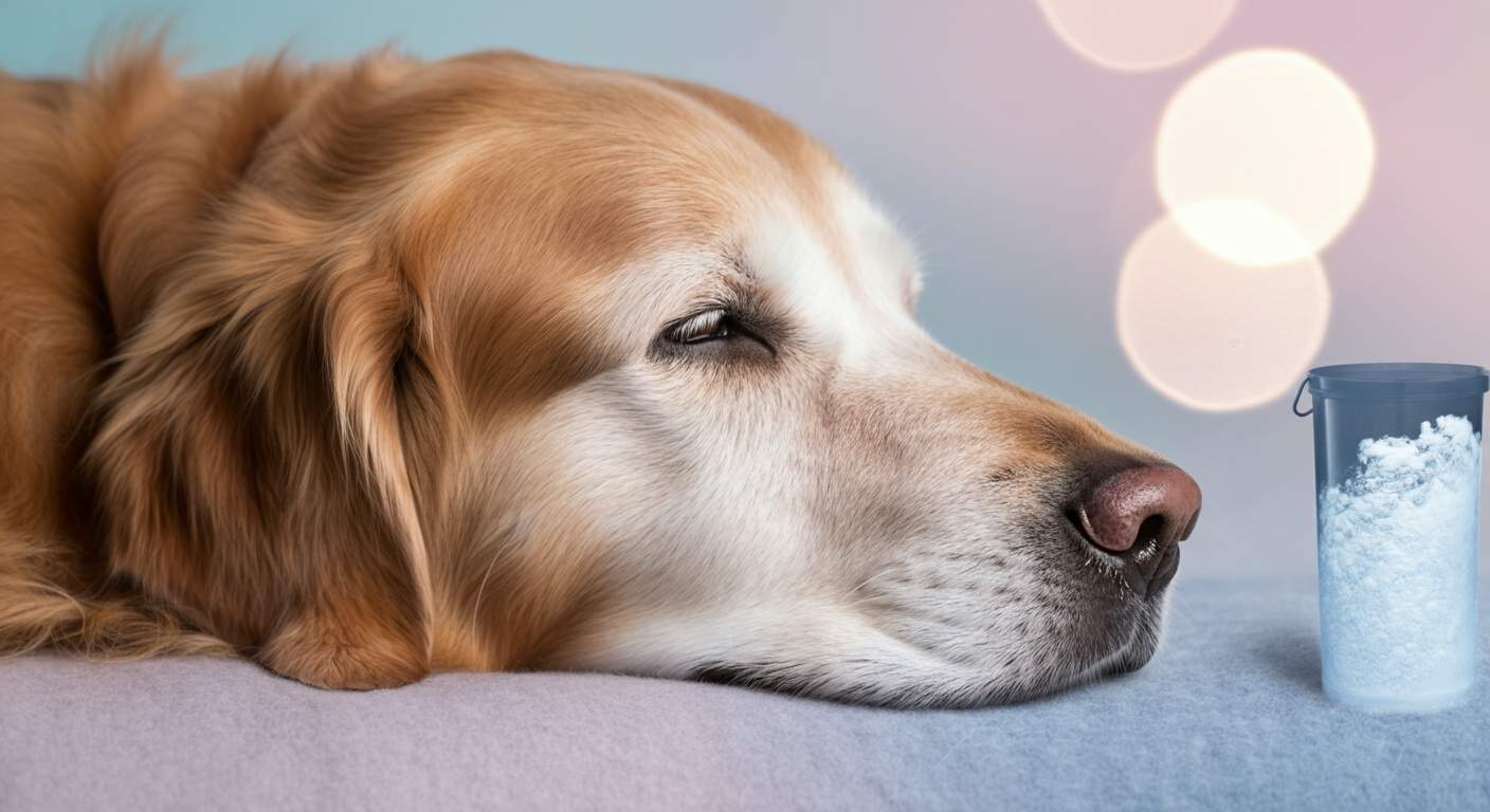 穏やかに眠るシニア犬のそばに、優しく冷えたクールネックが置かれている。